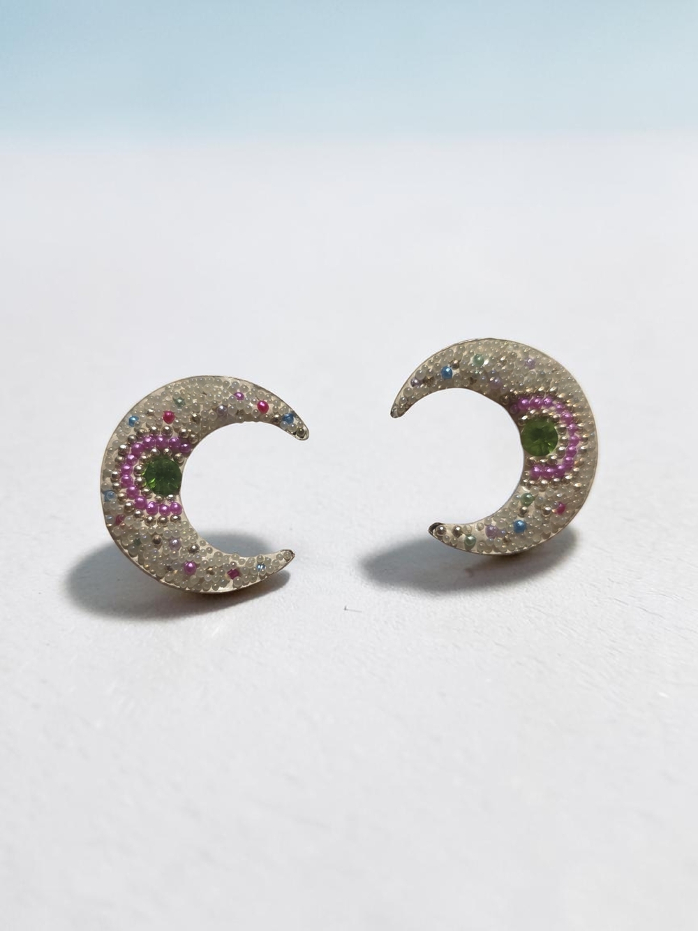 Crescent Moon Multicolor Stud Earrings Silver .925